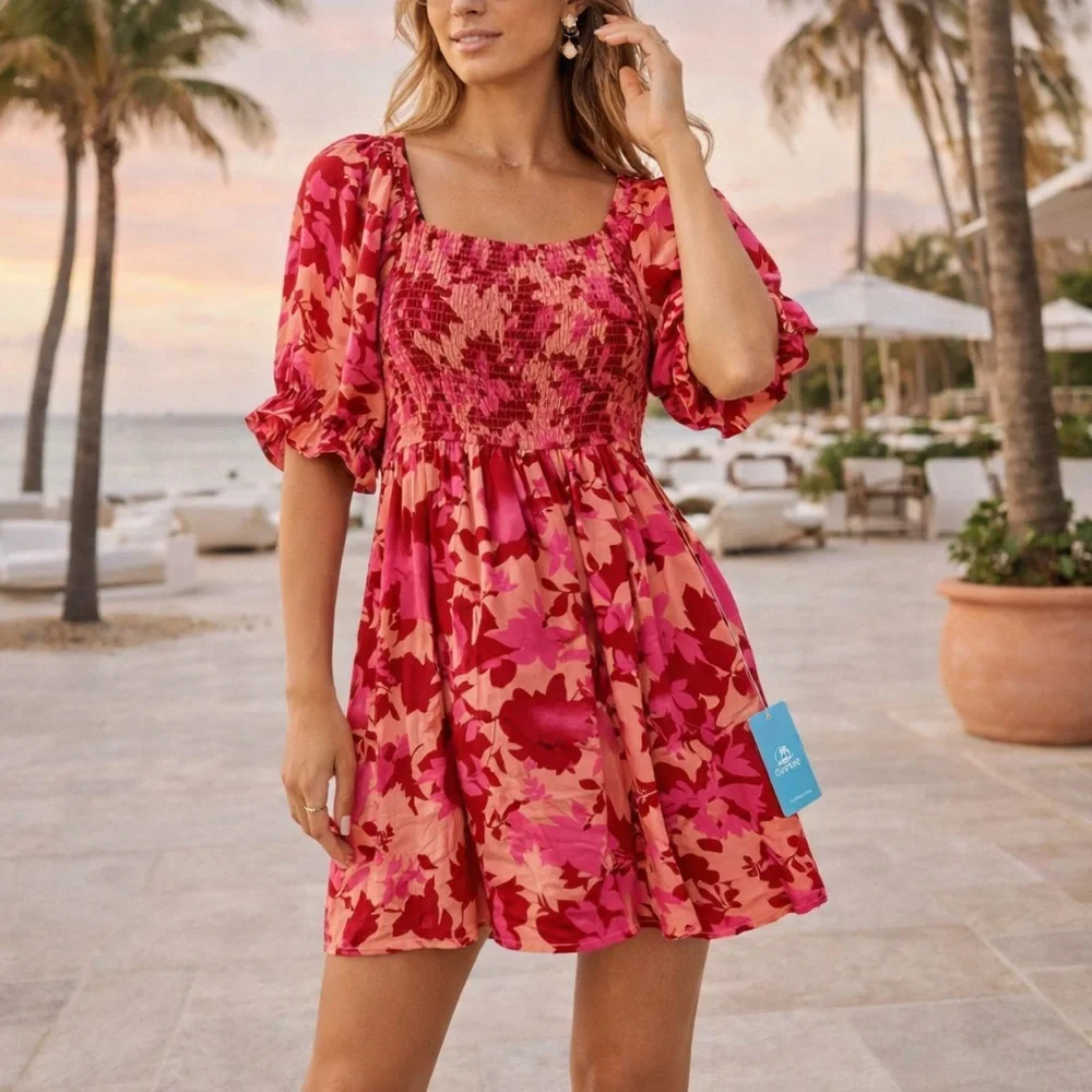 Cupshe NWT Pink Floral Smocked Mini Dress Size M Puff Sleeve Beach Vacation - Picture 1 of 6